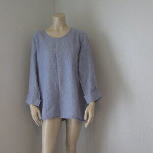 FLAX Blue Linen Pullover Medium 3/4 Sleeves Blouse
